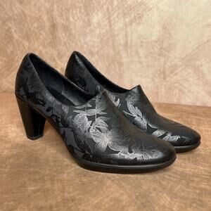 Ecco Danish Design Black Floral Loafer High Heels Whimsigoth Gothic Peasant